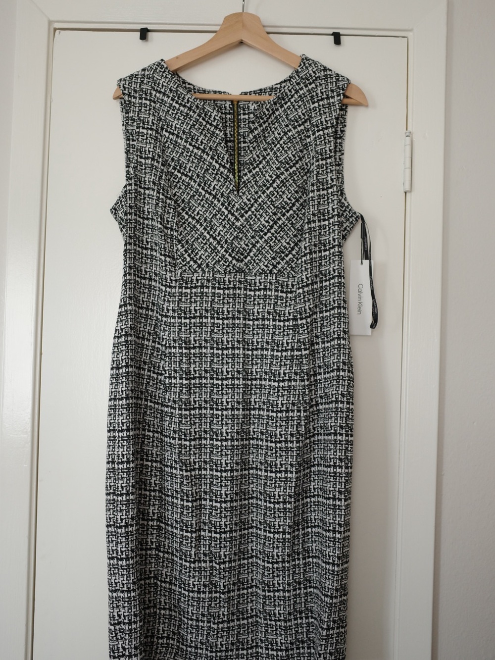 Calvin Klein Black and White Tweed Sheath Dress with Back Zip